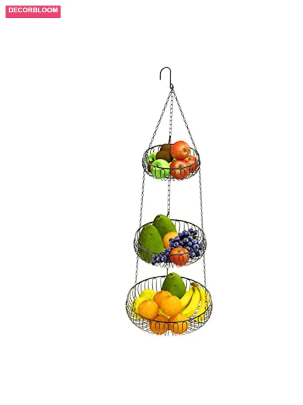 Adjustable Metal Hanging Fruit Basket Oblate Shape 3-Tier Kitchen Storage